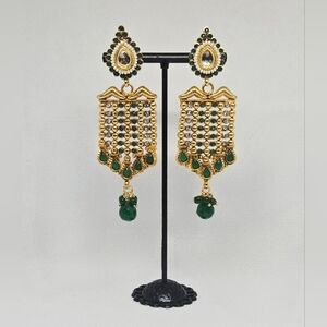 Gold Tone Green & Crystal Chandelier Earrings – Bollywood Inspired Jewelry
